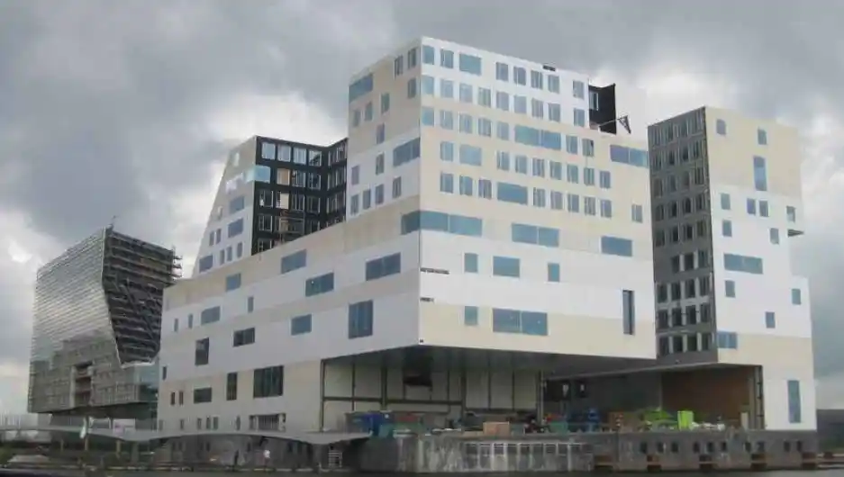 Amsterdam buildings on harbour in Netherlands